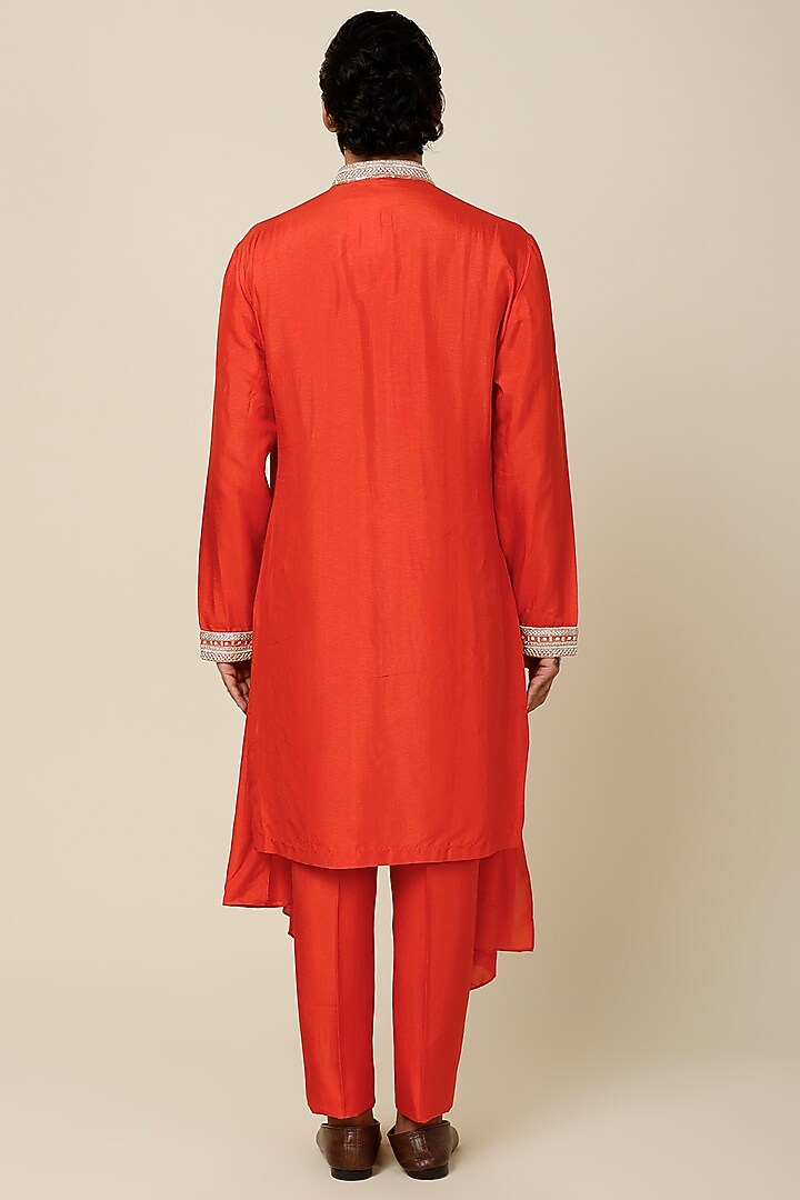 Orange Silk Embroidered Kurta Set by Sva By Sonam & Paras Modi Men at Pernia's Pop Up Shop