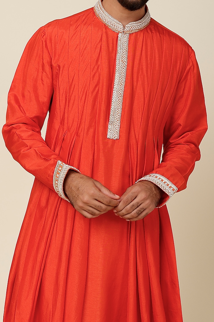 Orange Silk Embroidered Kurta Set by Sva By Sonam & Paras Modi Men at Pernia's Pop Up Shop