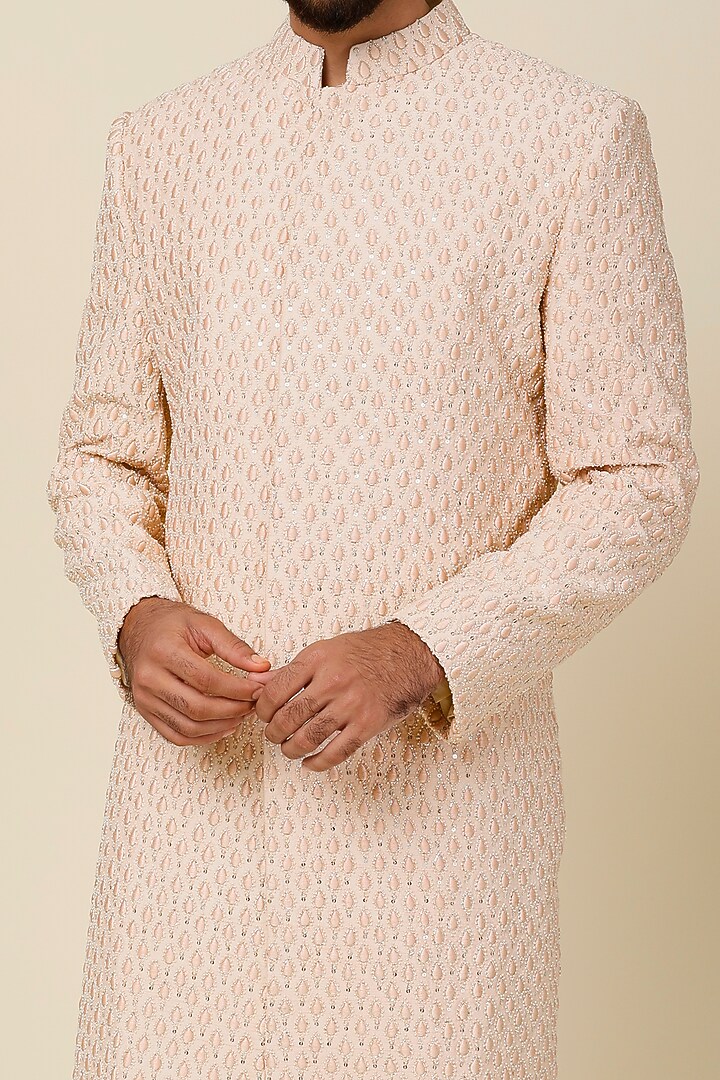 Beige Silk Zardosi Embroidered Groom Sherwani Set by Sva By Sonam & Paras Modi Men at Pernia's Pop Up Shop