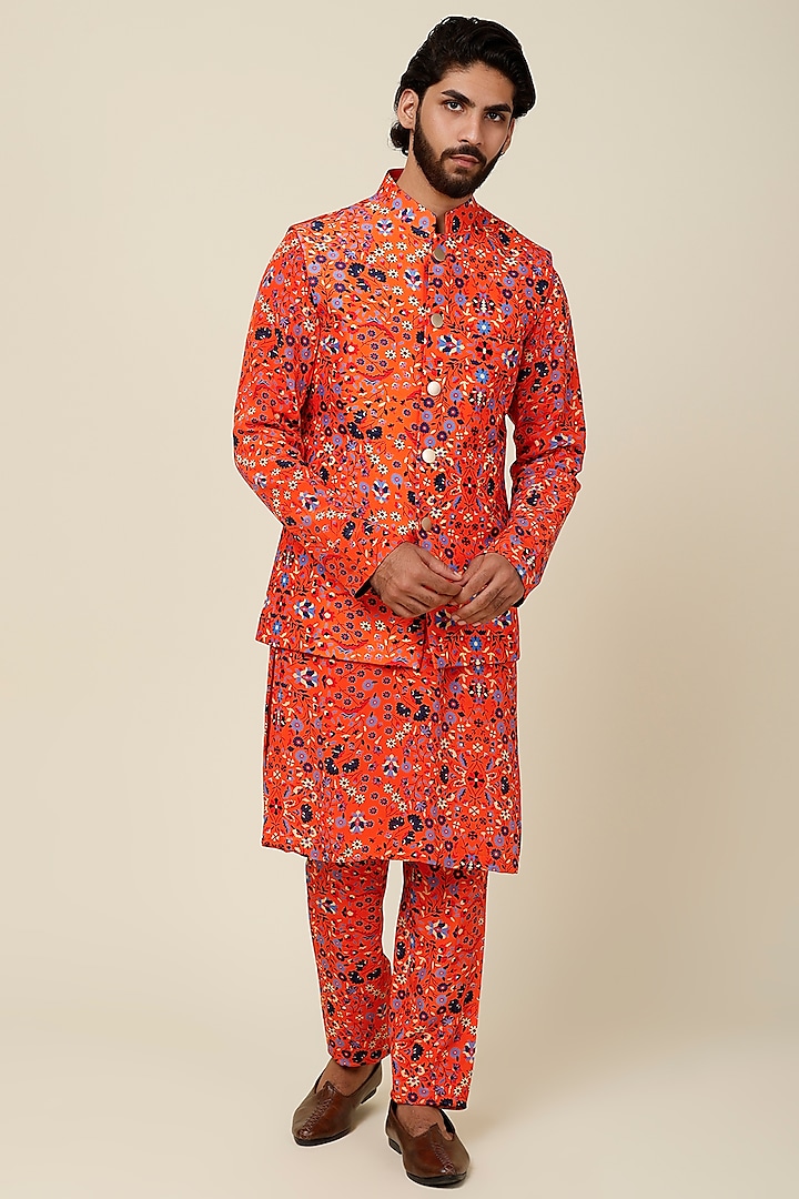 Orange Floral Printed Bundi Jacket by Sva By Sonam & Paras Modi Men