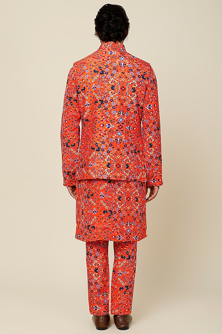 Orange Crepe Silk Floral Jaal Printed Bundi Jacket by Sva By Sonam & Paras Modi Men at Pernia's Pop Up Shop