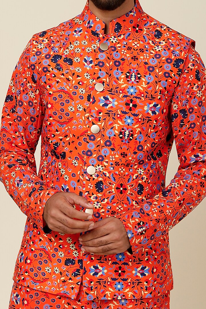 Orange Crepe Silk Floral Jaal Printed Bundi Jacket by Sva By Sonam & Paras Modi Men at Pernia's Pop Up Shop