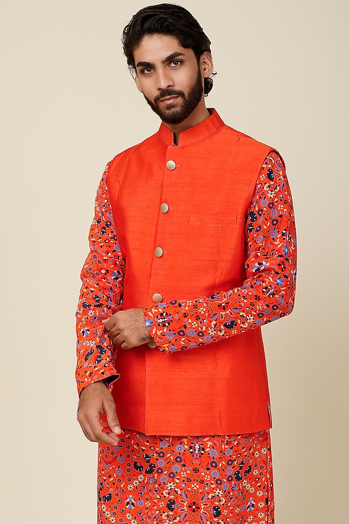 Orange Crepe Silk Floral Jaal Printed Bundi Jacket by Sva By Sonam & Paras Modi Men at Pernia's Pop Up Shop
