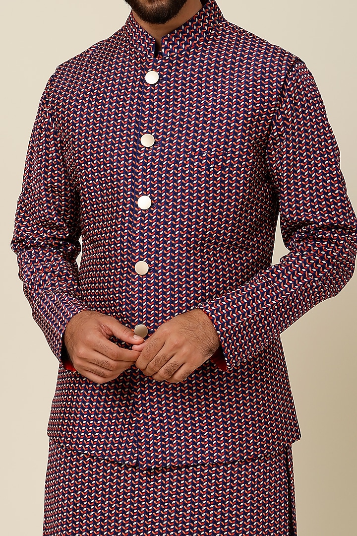 Cobalt Blue Crepe Silk Reversible Digital Printed Bundi Jacket by Sva By Sonam & Paras Modi Men at Pernia's Pop Up Shop