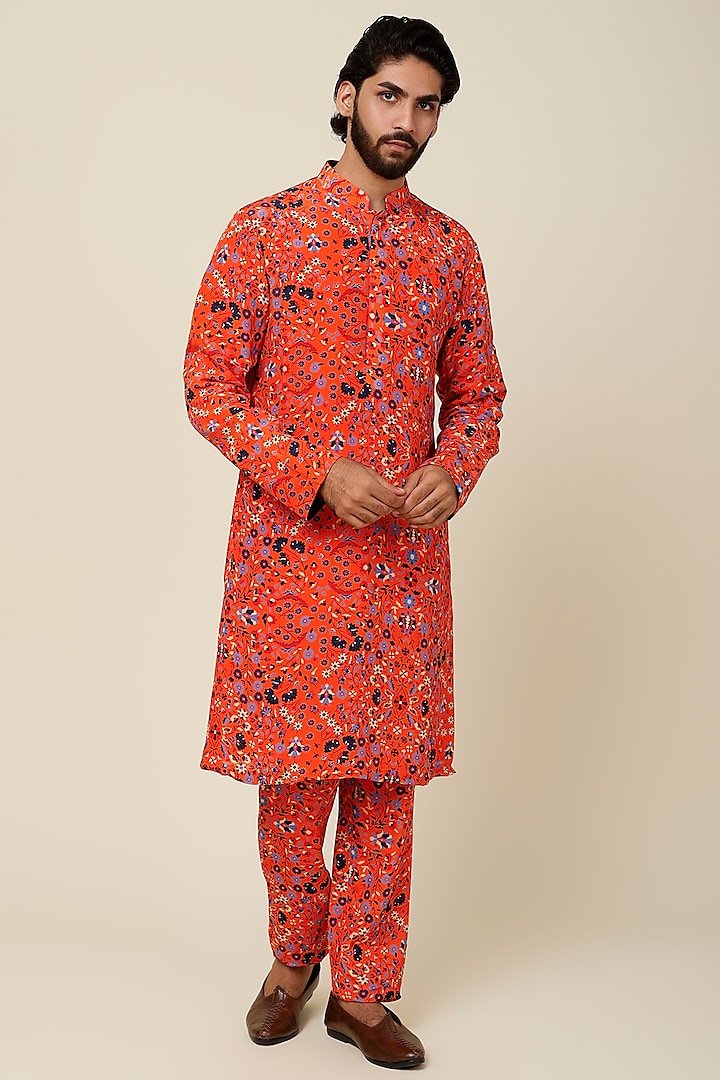 Orange Jaal Printed Kurta Set by Sva By Sonam & Paras Modi Men