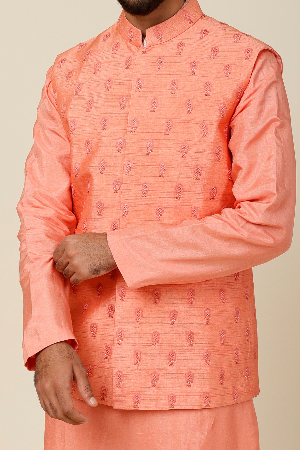 Coral Embroidered Bundi Jacket by Sva By Sonam & Paras Modi Men