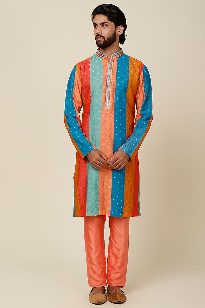 Multi-Coloured Silk Printed Kurta Set by Sva By Sonam & Paras Modi Men