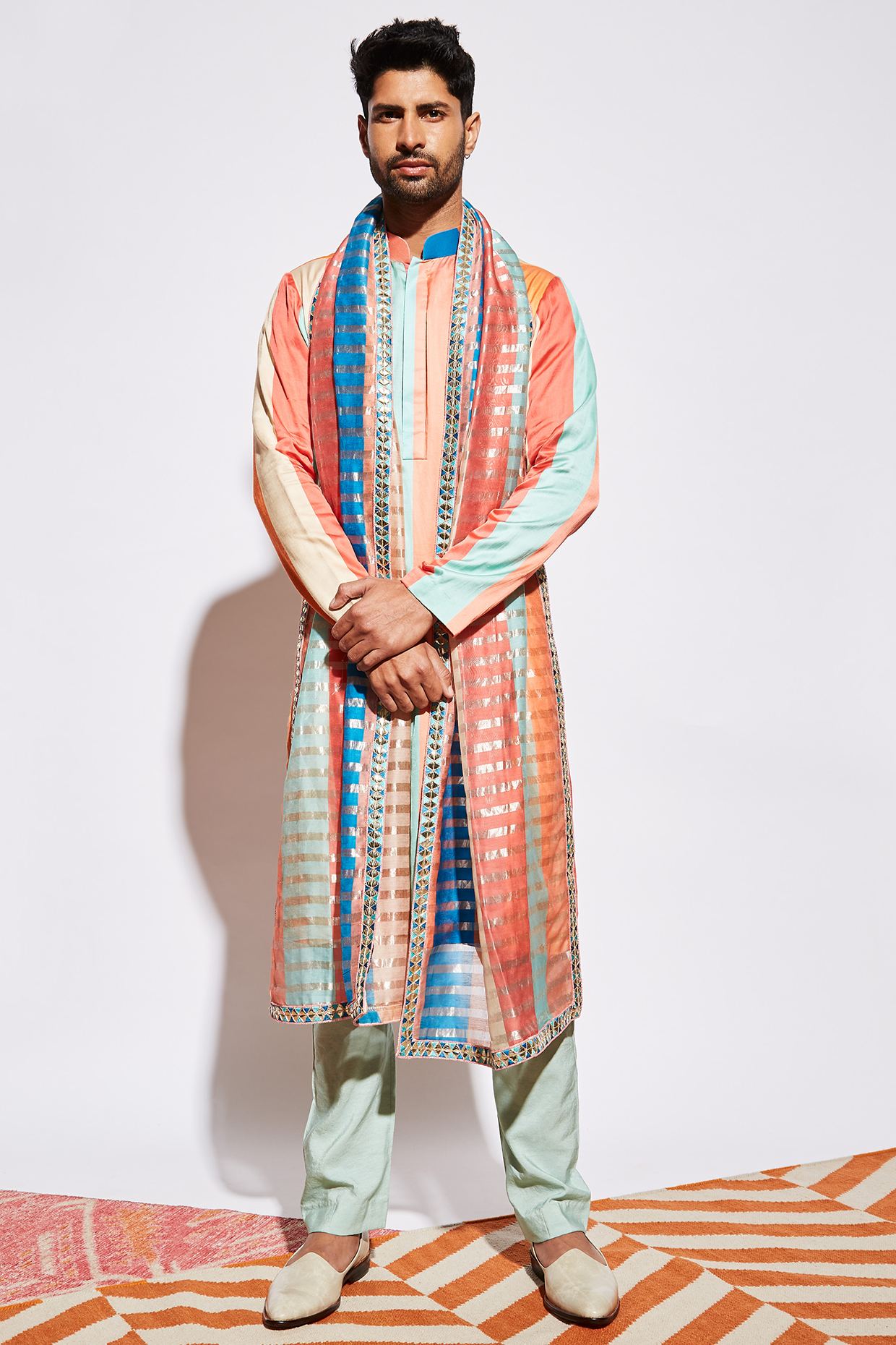 Multi-Colored Silk Stripes Printed Kurta Set by SVA BY SONAM & PARAS MODI Men at Pernia's Pop Up Shop