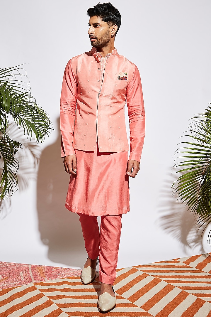 Salmon Pink Embellished Kurta Set by Sva By Sonam & Paras Modi Men