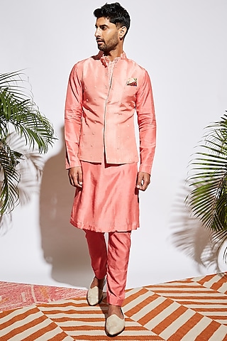 Salmon Pink Embellished Kurta Set by SVA BY SONAM & PARAS MODI Men