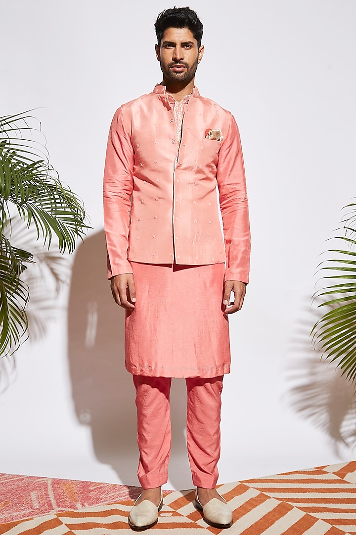 Salmon Pink Embroidered Bundi Jacket by Sva By Sonam & Paras Modi Men