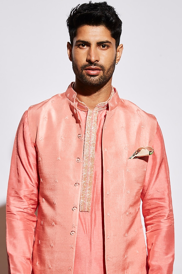 Salmon Pink Embroidered Bundi Jacket by SVA BY SONAM & PARAS MODI Men at Pernia's Pop Up Shop