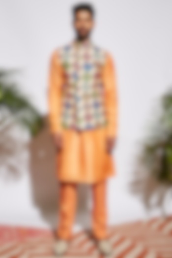 Orange Silk Kurta Set by Sva By Sonam & Paras Modi Men