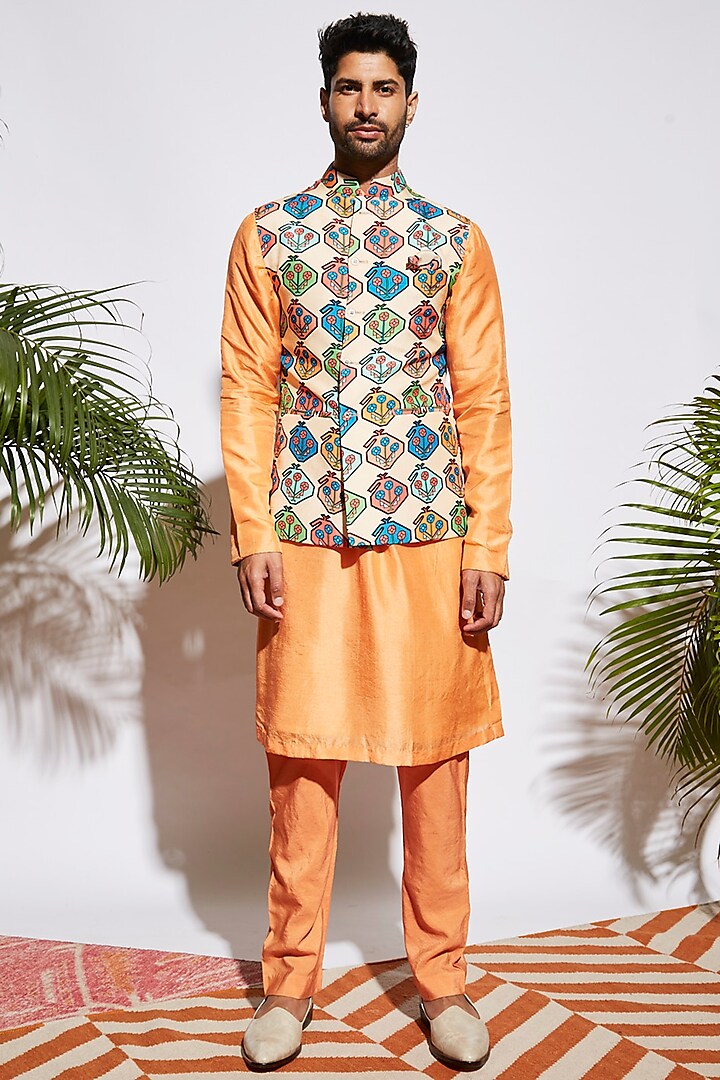 Beige Printed Bundi Jacket by Sva By Sonam & Paras Modi Men