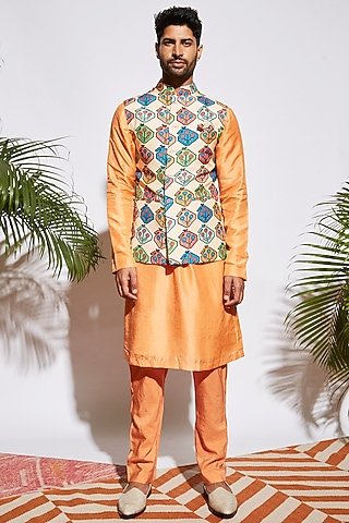 Beige Printed Bundi Jacket by SVA BY SONAM & PARAS MODI Men