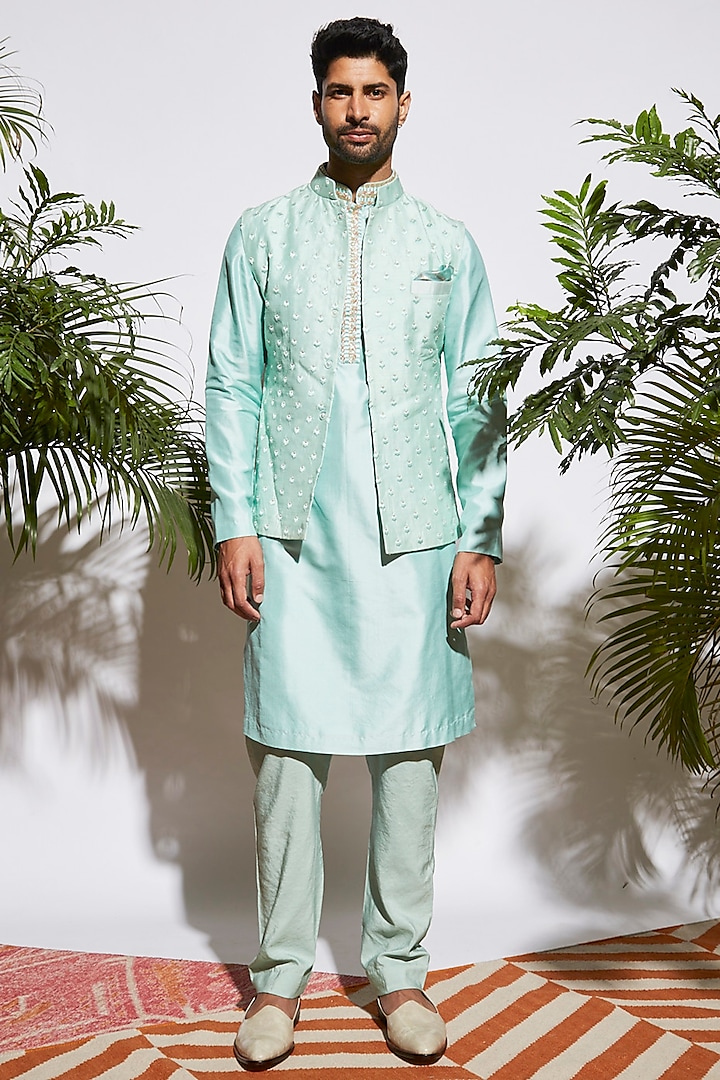 Mint Embellished Kurta Set by Sva By Sonam & Paras Modi Men