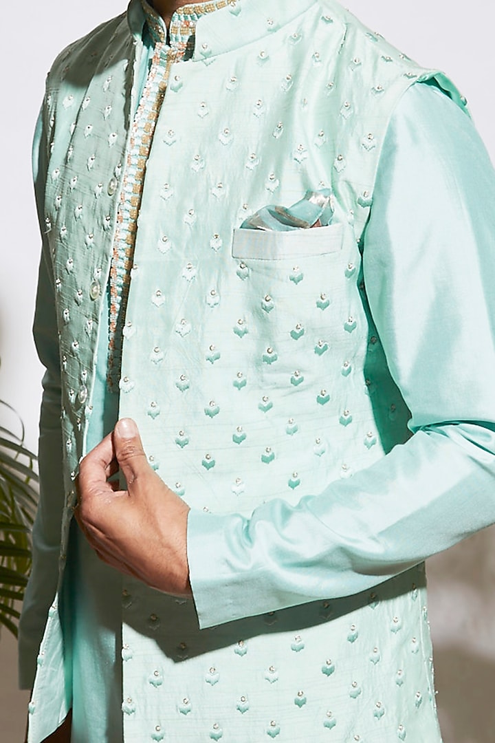 Mint Silk Embroidered Bundi Jacket by SVA BY SONAM & PARAS MODI Men at Pernia's Pop Up Shop