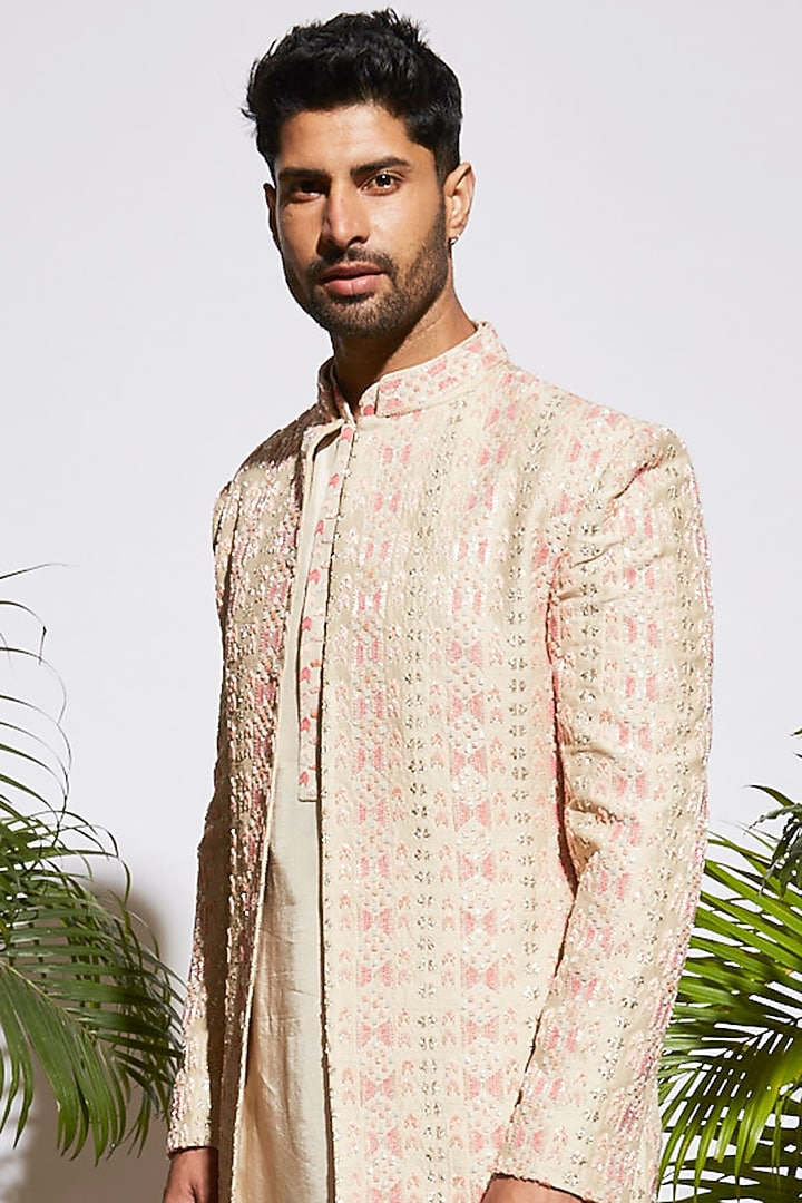 Beige Embellished Groom Sherwani Set by SVA BY SONAM & PARAS MODI Men at Pernia's Pop Up Shop