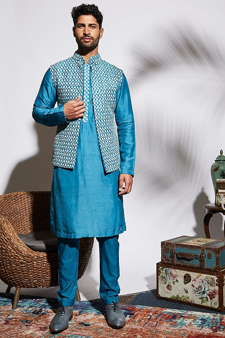 Blue Silk Embellished Kurta Set by Sva By Sonam & Paras Modi Men