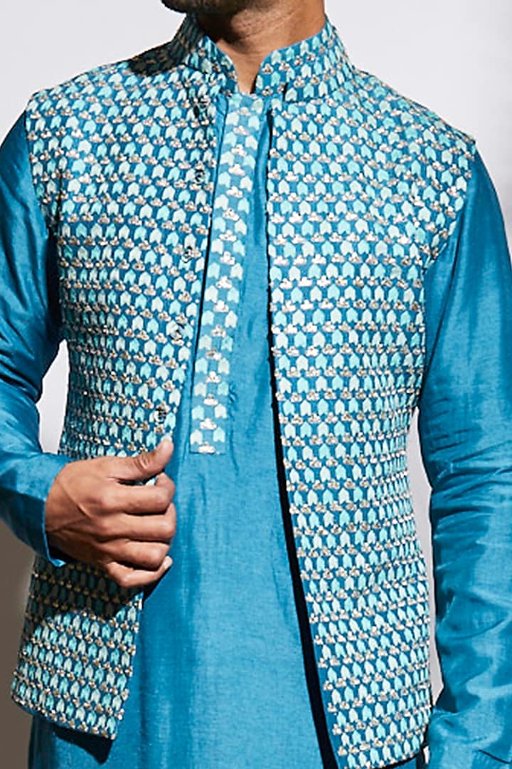Blue Silk Embellished Bundi Jacket by SVA BY SONAM & PARAS MODI Men at Pernia's Pop Up Shop
