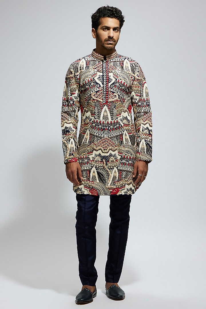 Ivory & Blue Silk Embellished Kurta Set by Sva By Sonam & Paras Modi Men at Pernia's Pop Up Shop