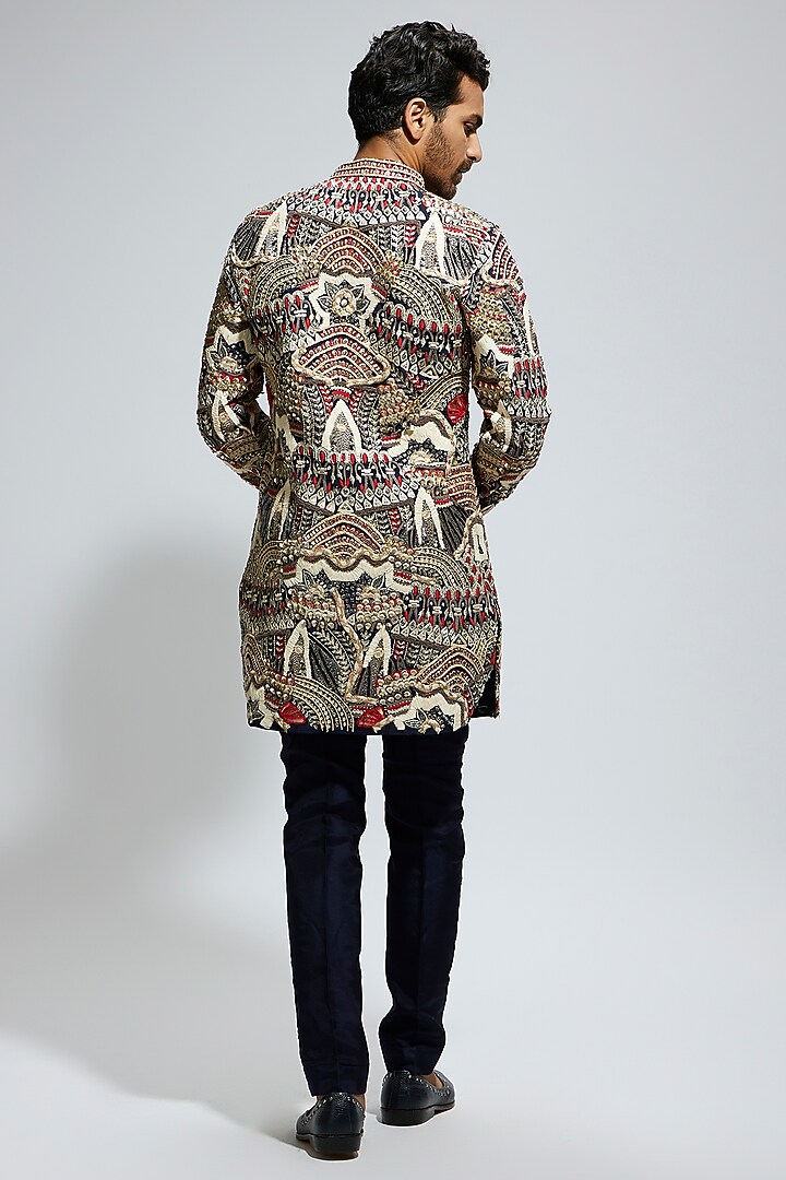 Ivory & Blue Silk Embellished Kurta Set by Sva By Sonam & Paras Modi Men at Pernia's Pop Up Shop