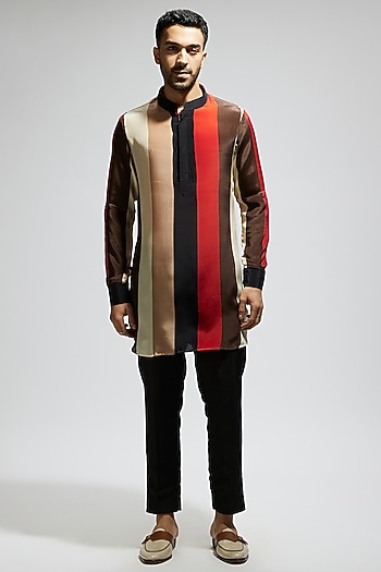 Orange Striped Crepe Kurta by Sva By Sonam & Paras Modi Men at Pernia's Pop Up Shop