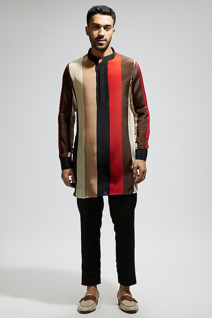 Orange Striped Crepe Kurta by Sva By Sonam & Paras Modi Men at Pernia's Pop Up Shop