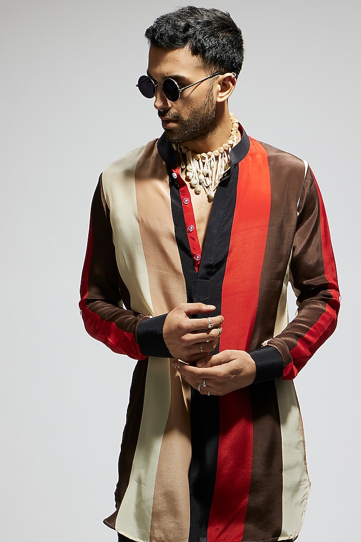 Orange Striped Crepe Kurta by Sva By Sonam & Paras Modi Men at Pernia's Pop Up Shop