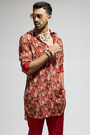 Orange Crepe Kurta by Sva By Sonam & Paras Modi Men at Pernia's Pop Up Shop