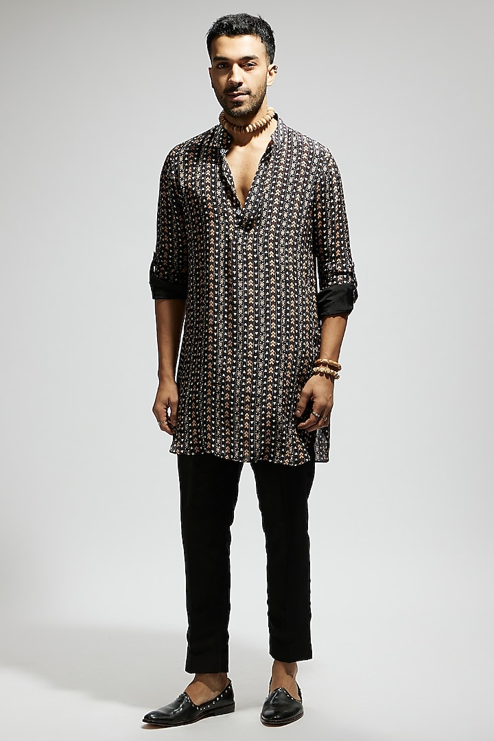 Black Crepe Boho Printed Kurta by Sva By Sonam & Paras Modi Men