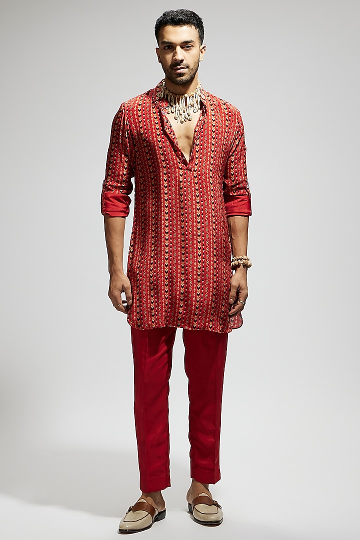 Orange Crepe Boho Printed Kurta by Sva By Sonam & Paras Modi Men at Pernia's Pop Up Shop