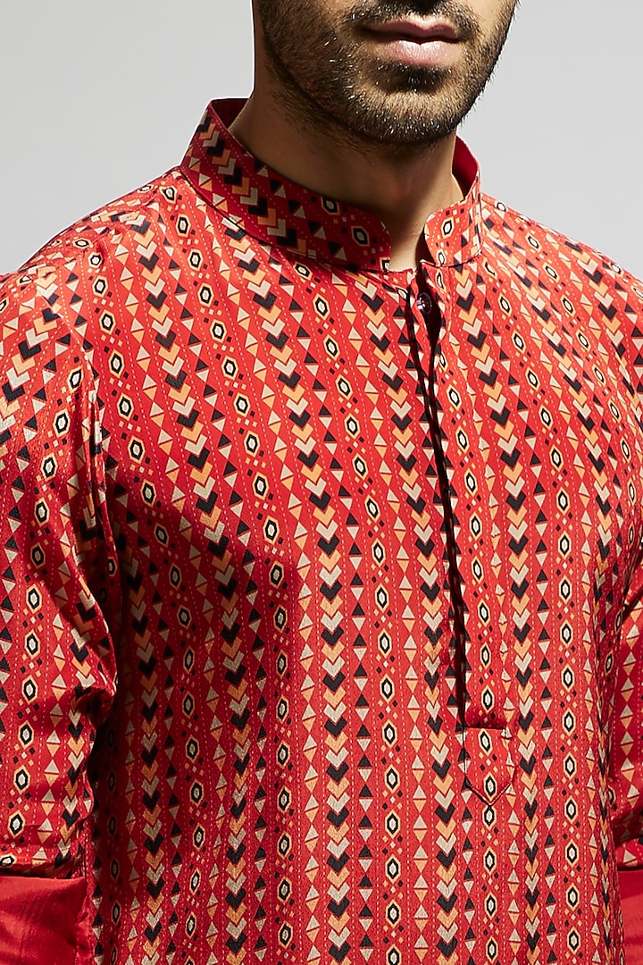 Orange Crepe Boho Printed Kurta by Sva By Sonam & Paras Modi Men at Pernia's Pop Up Shop