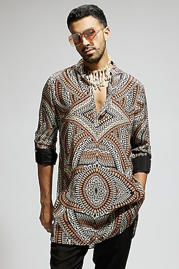 Brown Crepe Printed Kurta by Sva By Sonam & Paras Modi Men at Pernia's Pop Up Shop