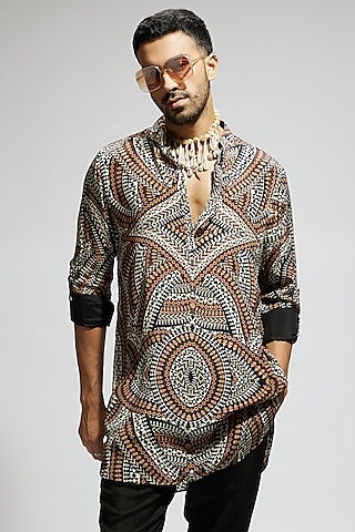 Brown Crepe Printed Kurta by Sva By Sonam & Paras Modi Men