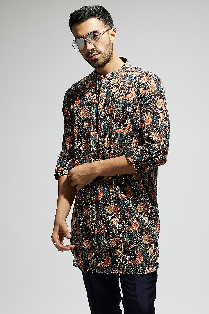 Blue Crepe Jaal Embellished Kurta by Sva By Sonam & Paras Modi Men at Pernia's Pop Up Shop