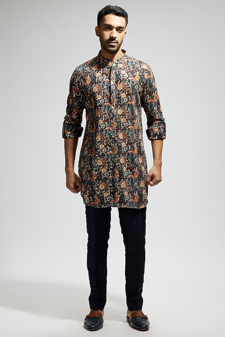 Blue Crepe Jaal Embellished Kurta by Sva By Sonam & Paras Modi Men at Pernia's Pop Up Shop