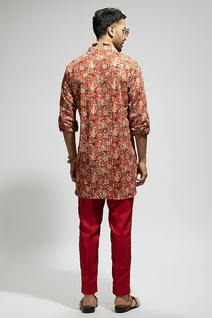 Orange Crepe Jaal Embellished Kurta by Sva By Sonam & Paras Modi Men at Pernia's Pop Up Shop