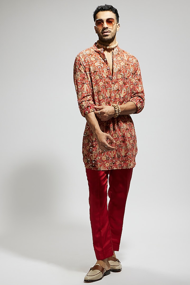 Orange Crepe Jaal Embellished Kurta by Sva By Sonam & Paras Modi Men at Pernia's Pop Up Shop