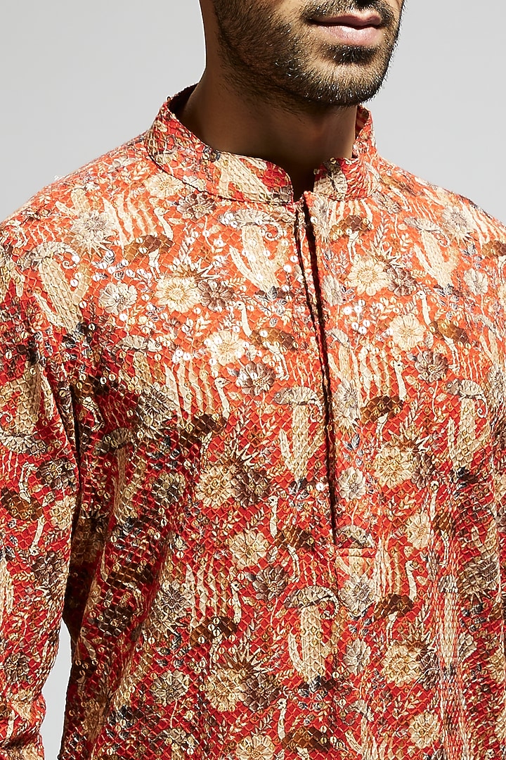 Orange Crepe Jaal Embellished Kurta by Sva By Sonam & Paras Modi Men at Pernia's Pop Up Shop