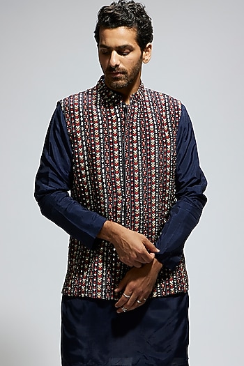 Blue Crepe Geo Embellished Bundi Jacket by Sva By Sonam & Paras Modi Men at Pernia's Pop Up Shop