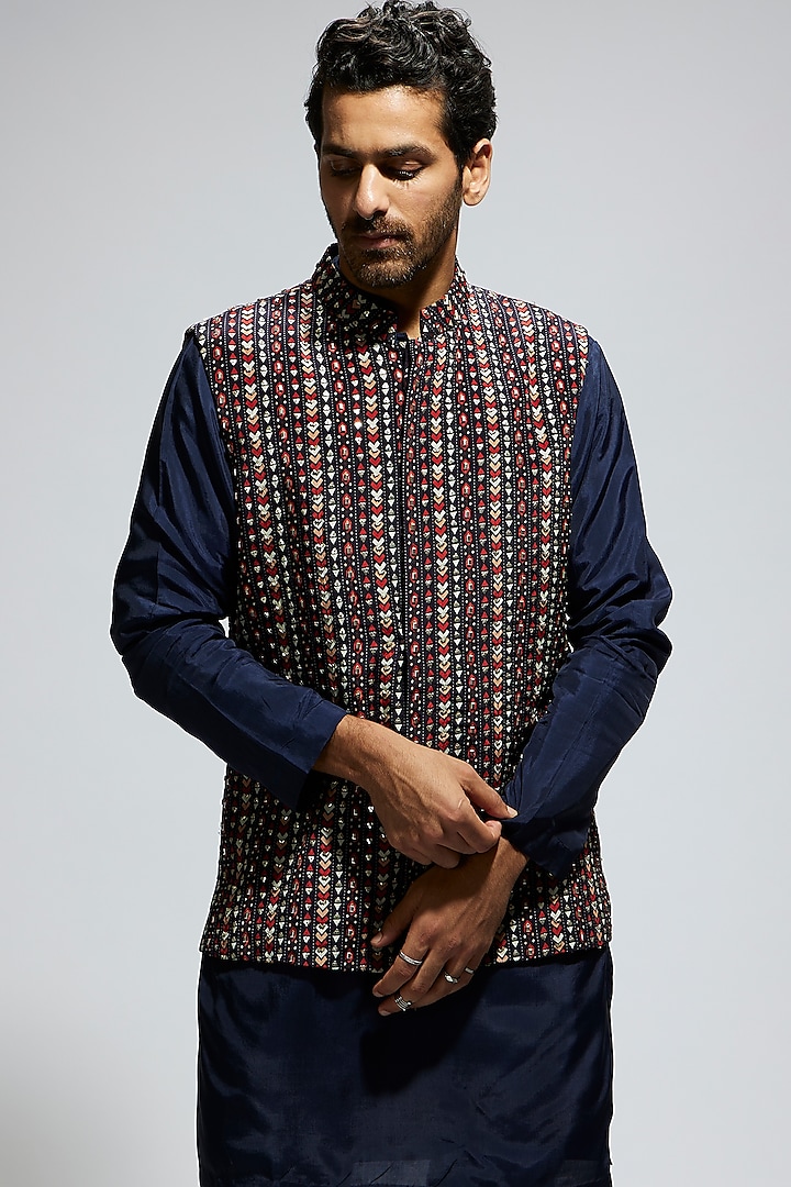 Blue Crepe Geo Embellished Bundi Jacket by Sva By Sonam & Paras Modi Men