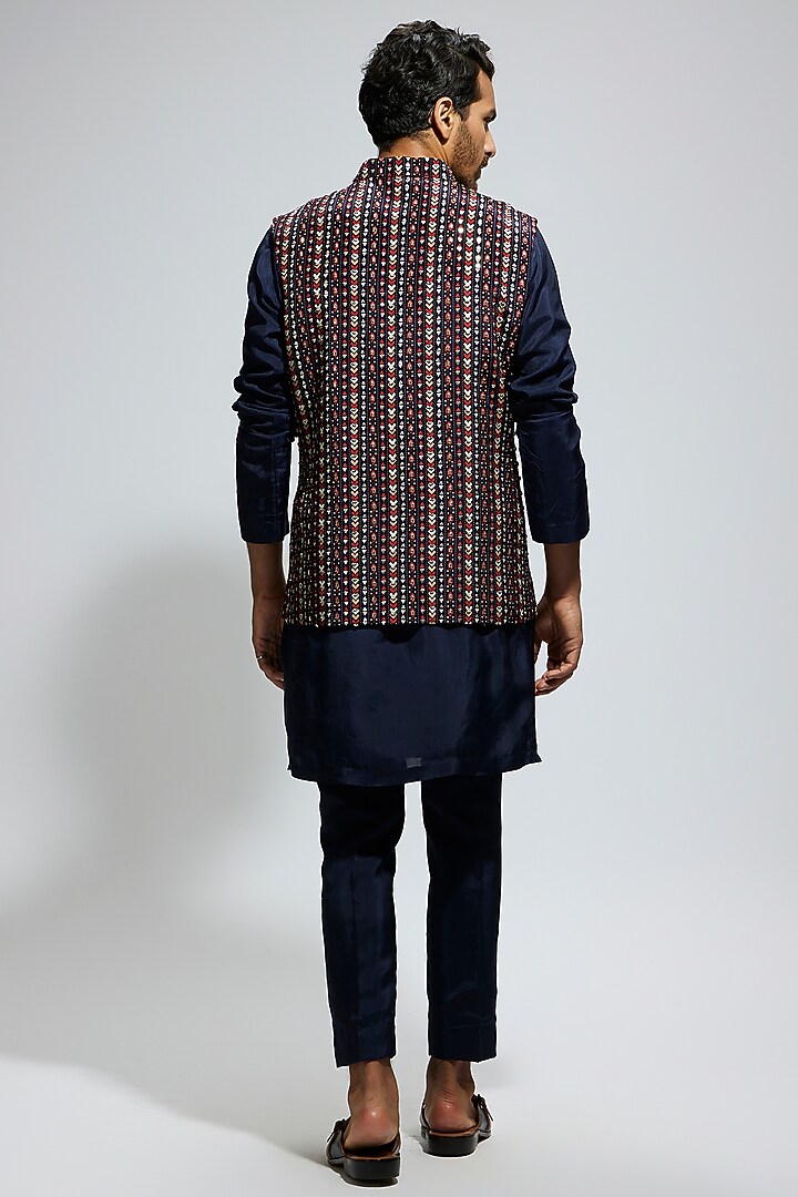 Blue Crepe Geo Embellished Bundi Jacket by Sva By Sonam & Paras Modi Men at Pernia's Pop Up Shop