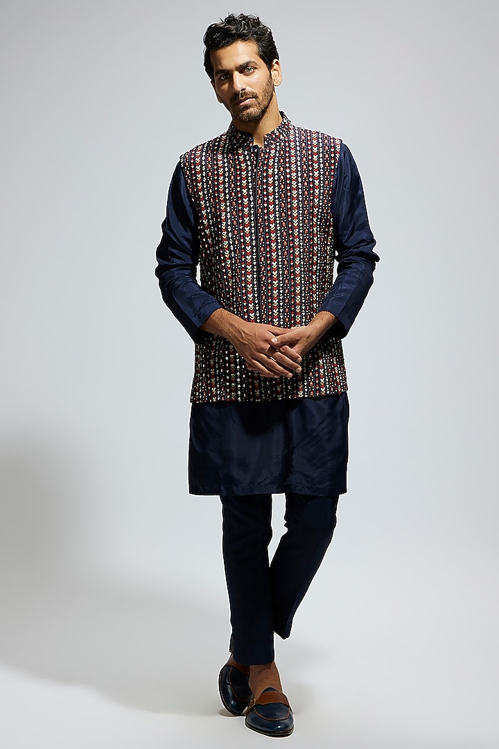 Blue Crepe Geo Embellished Bundi Jacket by Sva By Sonam & Paras Modi Men at Pernia's Pop Up Shop