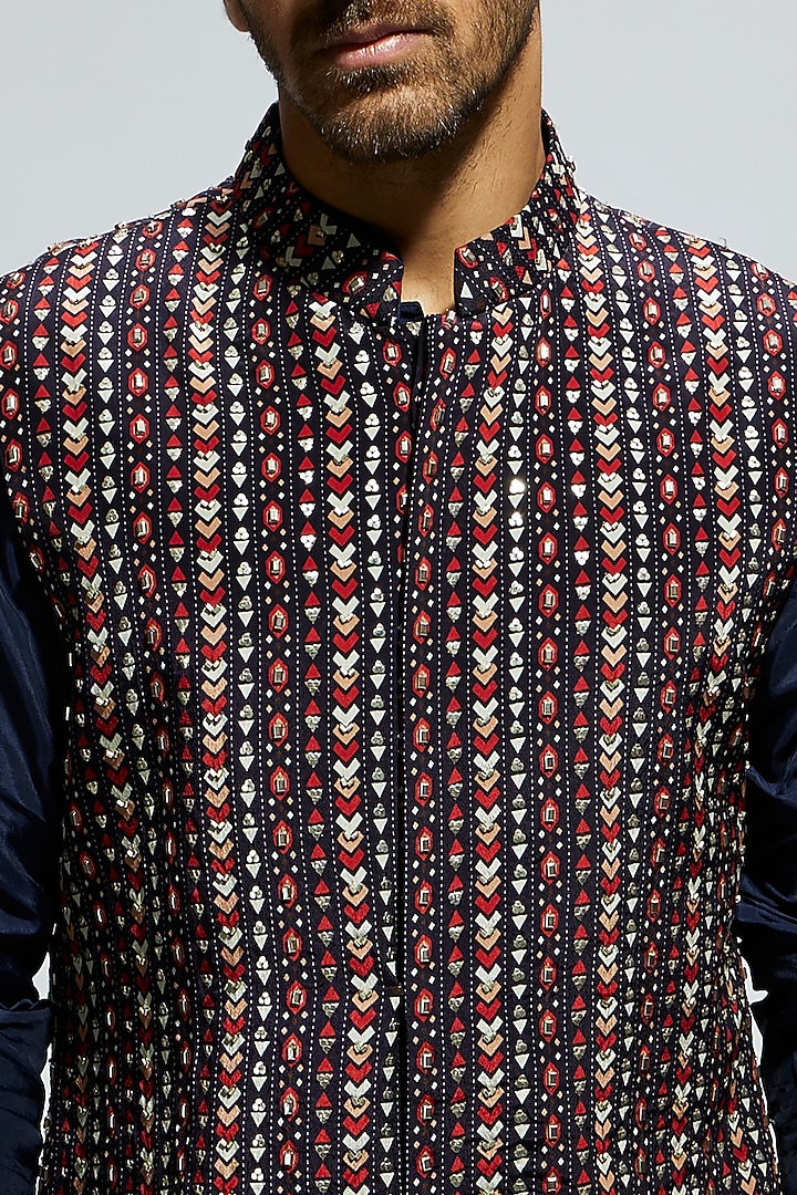 Blue Crepe Geo Embellished Bundi Jacket by Sva By Sonam & Paras Modi Men at Pernia's Pop Up Shop