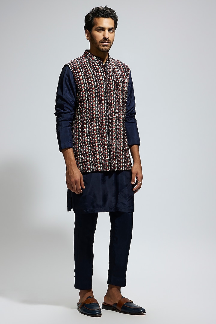 Blue Crepe Geo Embellished Bundi Jacket Set by Sva By Sonam & Paras Modi Men