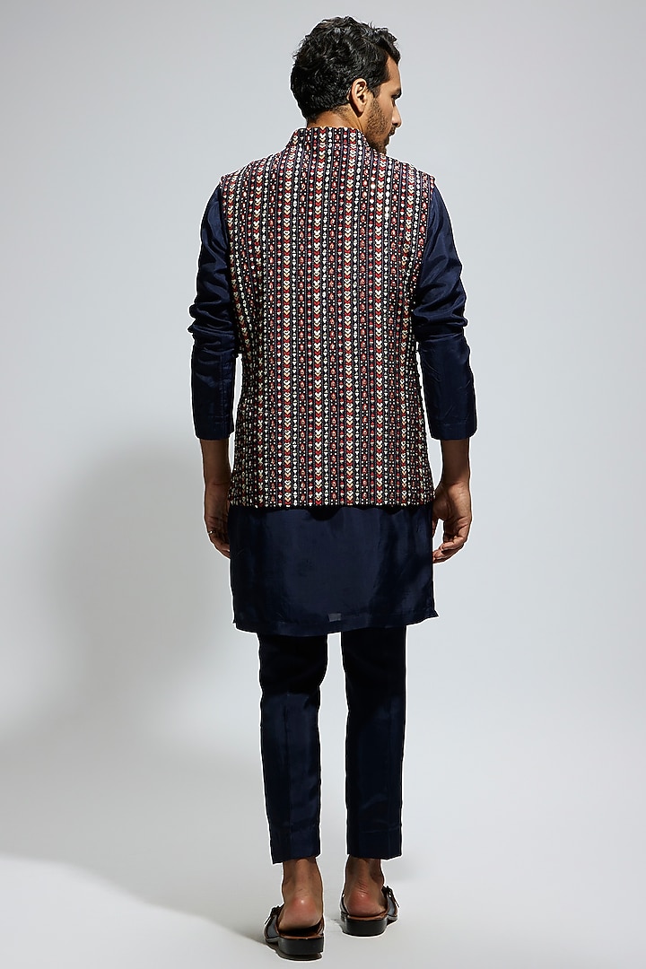 Blue Crepe Geo Embellished Bundi Jacket Set by Sva By Sonam & Paras Modi Men at Pernia's Pop Up Shop