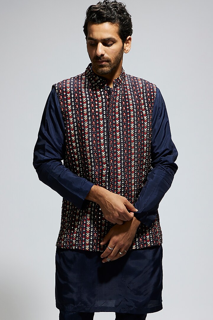 Blue Crepe Geo Embellished Bundi Jacket Set by Sva By Sonam & Paras Modi Men at Pernia's Pop Up Shop