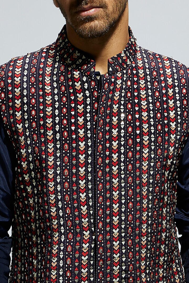 Blue Crepe Geo Embellished Bundi Jacket Set by Sva By Sonam & Paras Modi Men at Pernia's Pop Up Shop