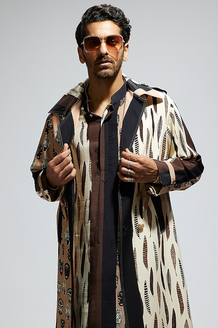 Ivory & Black Silk Trench Coat by Sva By Sonam & Paras Modi Men at Pernia's Pop Up Shop